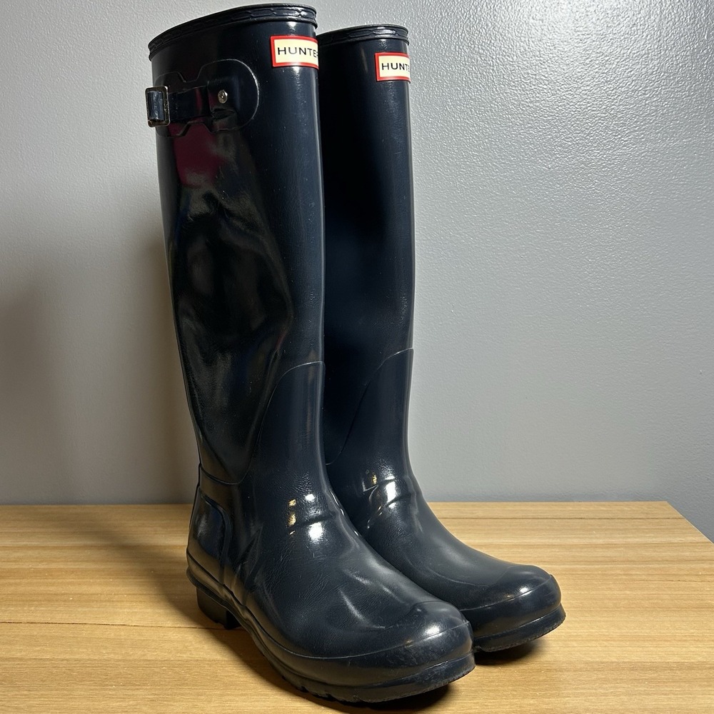 Hunter Original Navy Blue Buckle Logo Knee High Waterproof Rubber Rain Boots